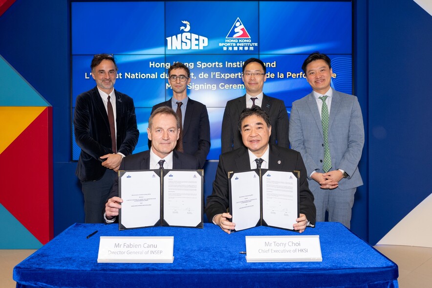 <p>Mr Tony Choi <span style="font-size:75%;">MH</span>, Chief Executive of the HKSI (front row, right) and Mr Fabien Canu, Director General of the&nbsp;INSEP (front row, left) signed the MOU, under the witness of Mr Benjamin Hubin, Deputy Consul General of France in Hong Kong and Macau (back row, 2nd from left), Mr George Tsoi Kin-pan, Commissioner for Sports, Culture, Sports and Tourism Bureau (back row, 2nd from right), Hon Vincent Cheng Wing-shun <span style="font-size:75%;">MH JP</span>, Vice-Chairman of the HKSI (back row, 1st from right), and Mr Babak Amir-Tahmasseb, Director of the International Relations and Grand INSEP Network (back row, 1st from left).</p>
